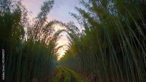 Serene Sunrise Over Tall Bamboo Grove with Soft Light and Clear Pathway Through Lush Greenery and Nature