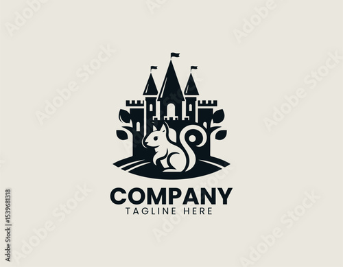 Playful squirrel king guarding a detailed castle tower in vibrant vector logo design for fairytale branding