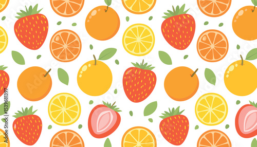 seamless patterns with fruits. Trendy hand drawn textures with oranges, lemons, peaches and strawberry. Juicy tasty fruits backgrounds. Modern abstract design for paper,fruit, juicy, textile, 