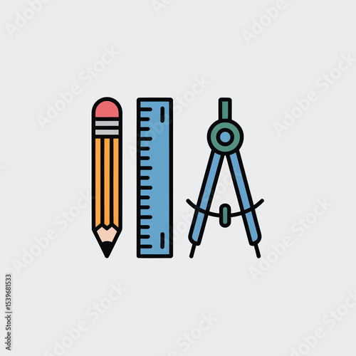 Essential school and office supplies for design and drafting including pencil ruler and compass vector illustration
