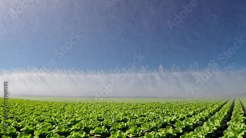 Sprinkler System Watering Green Lettuce in Bright Sunny Field with Clear Blue Sky