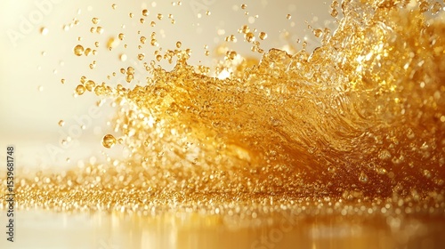 Golden liquid splash, droplets suspended in time, glossy surface