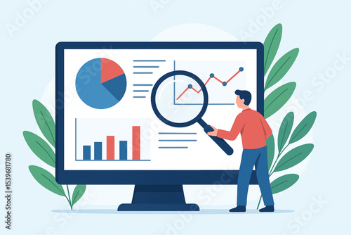 Business Data Analytics Concept. Vector illustration in flat style of a close-up group of people analyzing tabs with graphs and statistics. Isolated on background