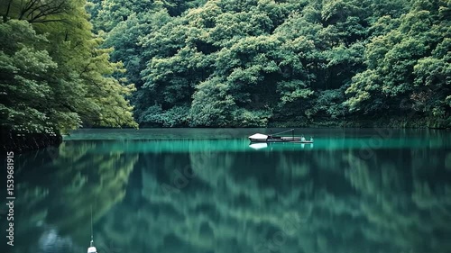 Serene lake nestled within lush green forest