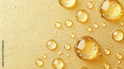 Golden liquid droplets, close-up, light yellow background