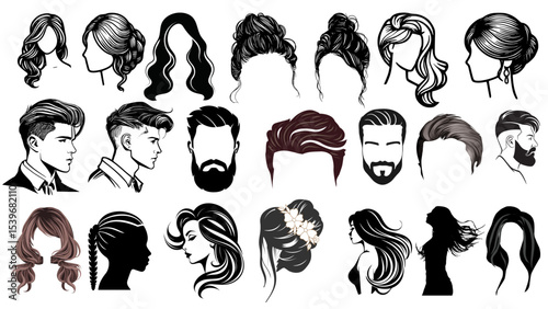 Collection of various hairstyle illustrations for men and women in black and white style design style