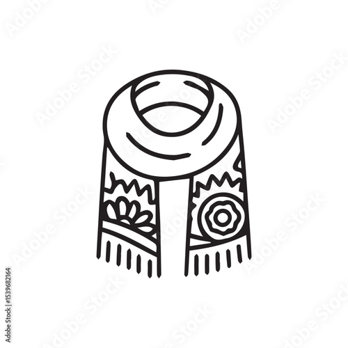 Delicate Hand Drawn Scarf with Floral Motifs and Fringe Decoration