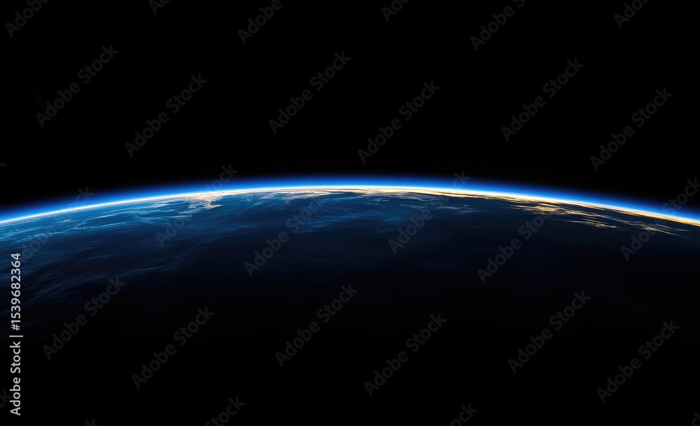 Fototapeta premium Earth's curve against a black void. A horizon view of planet Earth from space, showing a vibrant blue and light gold edge