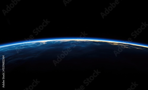 Earth's curve against a black void.  A  horizon view of planet Earth from space, showing a vibrant blue and light gold edge