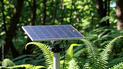 Solar Panel Array Surrounded by Lush Greenery in Vibrant Forest Setting