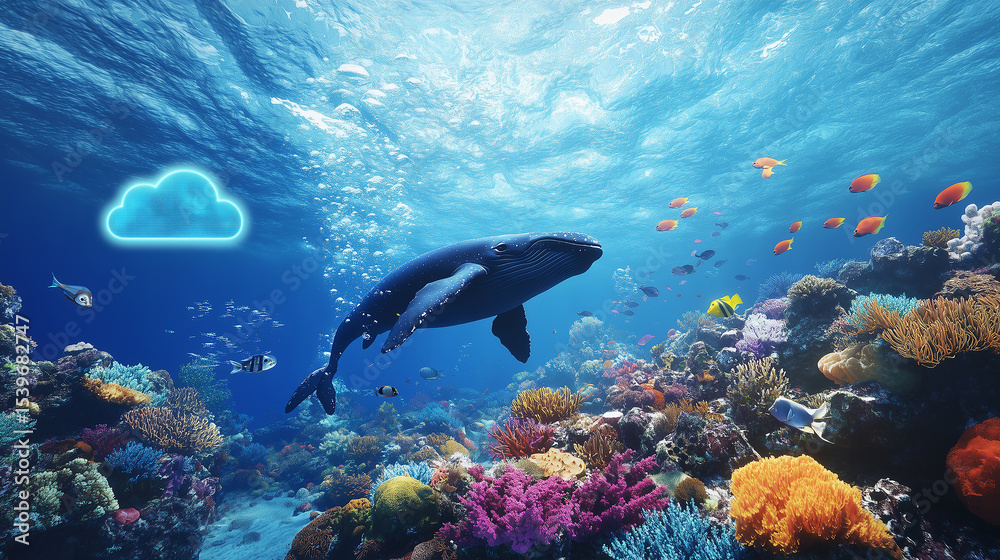 Obraz premium Sustainability & Digital Nature – Underwater Tech, Cloud AI, and Environmental Impact