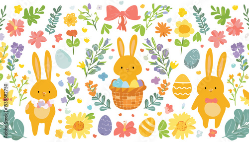 Collection cute elements for Easter. Hand drawn bunnies, bows, flowers and herbs, chicken, floral decoration, egg basket, Easter eggs. Spring lovely stickers. Vector.children, rabbit, flower, drawing,