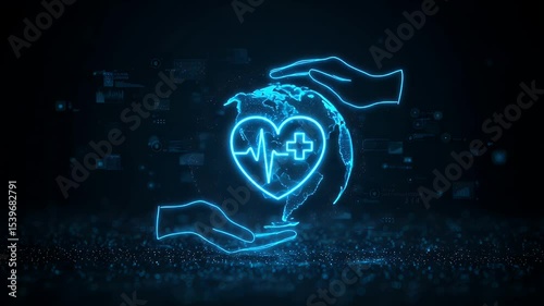 Global health care. Two hands protecting a heart-shaped Earth
