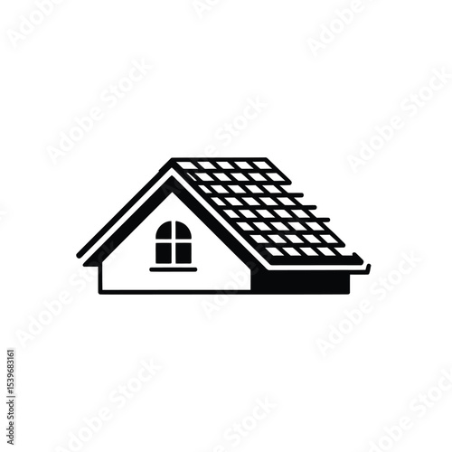 Minimalist black and white illustration of a simple house with a gabled roof and a small window on a clean white background