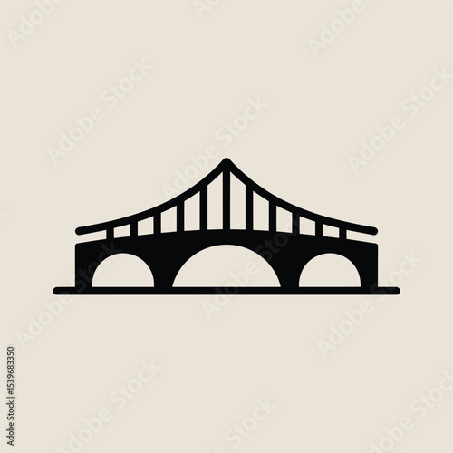 Minimalist black bridge icon on beige background representing travel transportation architecture and infrastructure for modern design