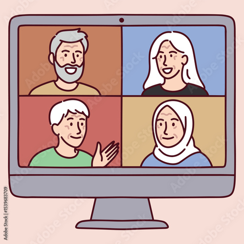 Four elderly people communicate remotely via group video call on computer screen, smiling and waving during online family conversation