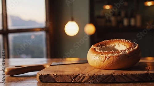 Freshly baked bread roll on wooden cutting board with knife and soft lighting near window view of mountains