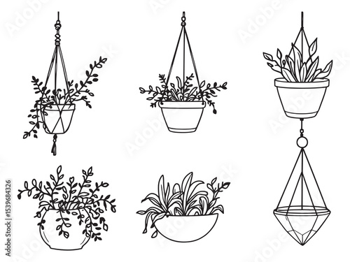 Black and white line art of hanging planter decoration