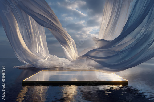 Floating Product Display Platforms – Glass & Concrete Surfaces with Ocean and Sky Backdrop