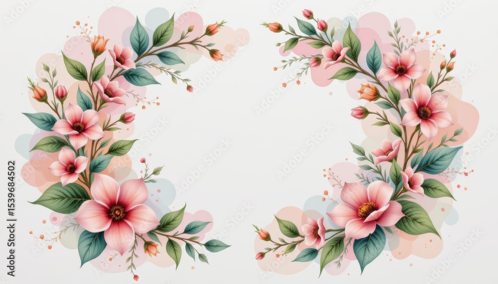 Fototapeta premium Soft pink flower frame with green leaves and delicate buds creating gentle and elegant botanical border design