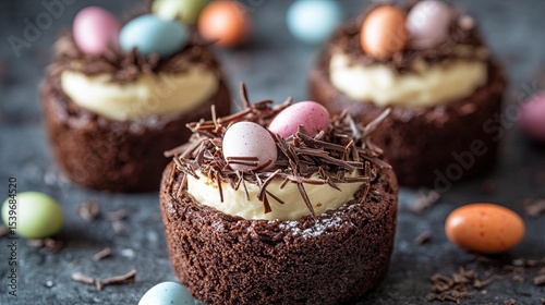 Easter mini brownie cheesecake Bird's Nest with chocolate and candy eggs, perfect for childrenÃ¢Â?Â?s holiday dessert.