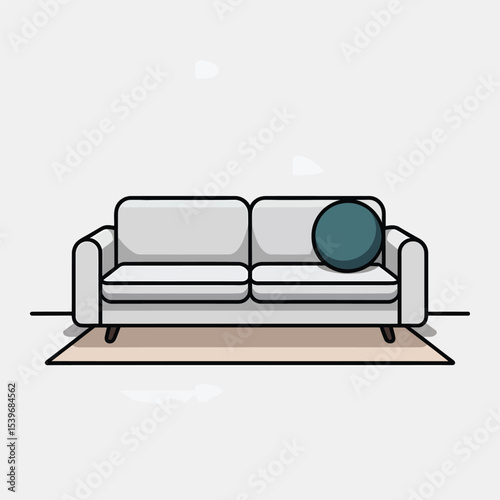 Modern minimalist sofa design with teal pillow on a rug in a simple clean living room interior space