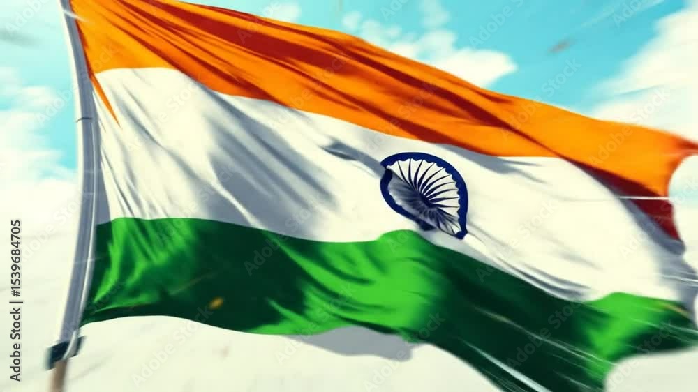 Animated Indian flag waving against a sky backdrop, vibrant colors and texture