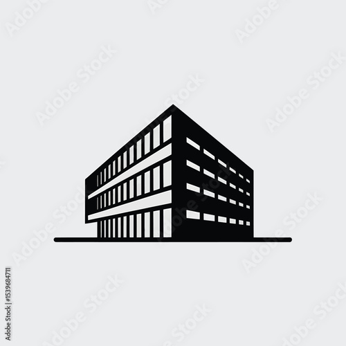 Modern office building in silhouette architectural illustration showing a simple black and white design ideal for business and corporate visuals