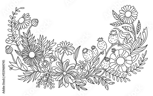 A black and white line art illustration of a decorative floral border design. The arrangement features a curved, asymmetrical composition with multiple daisy-like flowers of varying sizes, each with d