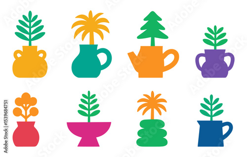 Vector icon set of colorful potted plants in creative vases, jugs, and pots. Perfect for decor, gardening, indoor plants, and botanical themed design projects and illustrations.