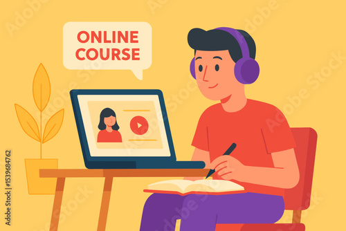 Flat style digital vector illustration of a student attending an online course at home while taking notes, remote education and digital learning concept