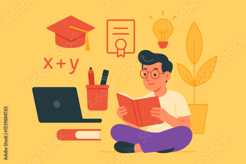 Flat style vector illustration of a young man relaxing at home while studying online courses on a tablet, modern education and e-learning concept