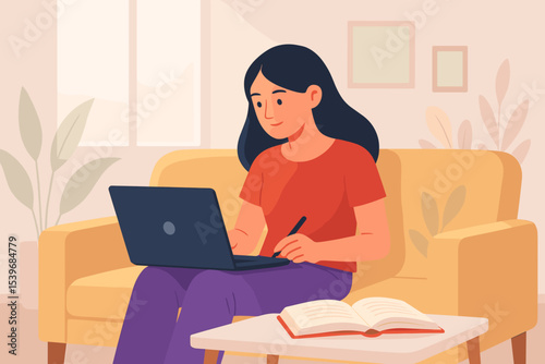Flat style digital vector illustration of a young woman sitting at home watching an online video course on her laptop, concept of modern e-learning and digital self-education