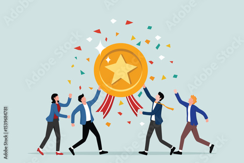 Team achievement, quality employees, teamwork to help common success, best quality service award, high performance staff concept, businesspeople celebrate high quality badge achievement.