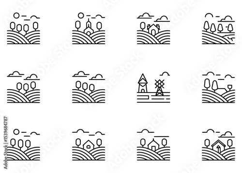 A set of 12 minimalist line art icons arranged in a 3x4 grid, depicting rural landscape scenes. Each icon is drawn in black thin lines against a white background. The icons show rolling hills with tre