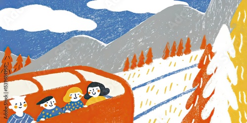 A colorful illustration of people riding a train through a snowy mountain landscape