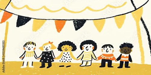 Children holding hands under a banner in a stylized illustration with bright colors