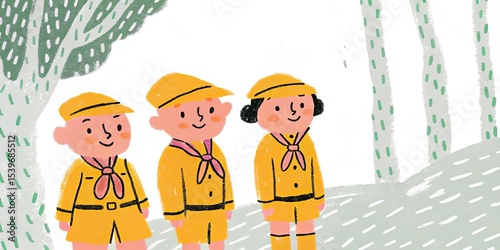 Illustration of three children in yellow uniforms standing in a forest setting