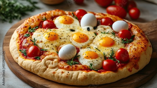 Easter pizza shaped like a hare with eggs, tomatoes, and sunflower oil, festive and fun for Easter.