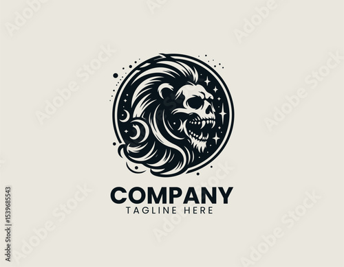 Majestic lion and skull merged together in an intricate vector logo illustration for masculine branding projects