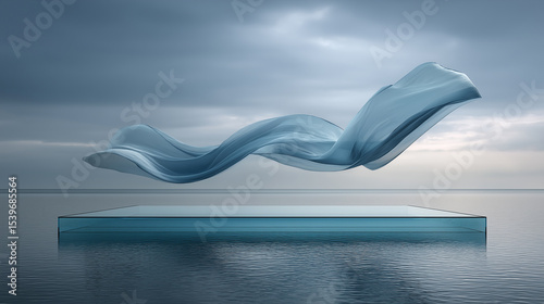 Floating Product Display Platforms – Glass & Concrete Surfaces with Ocean and Sky Backdrop