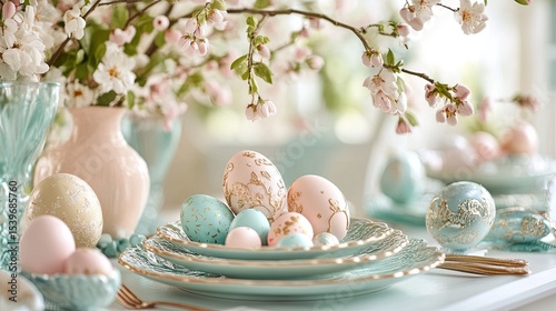 Easter place setting with colorful eggs and spring decorations