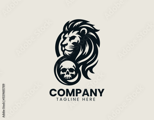 A fierce lion head combined with a detailed skull in a bold symmetrical vector logo design for powerful branding