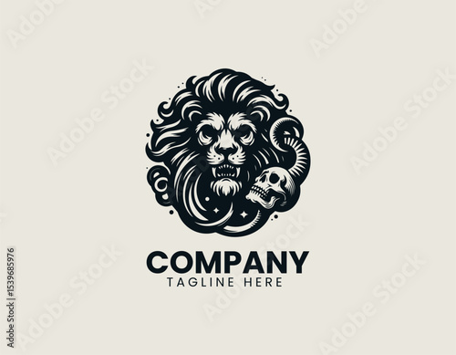 A fierce lion head combined with a detailed skull in a bold symmetrical vector logo design for powerful branding