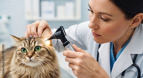 A woman veterinarian is carefully examining a beautiful tabby cat's ear with an otoscope during a routine health checkup at a modern animal clinic. Veterinary care concept for pet wellness. photo