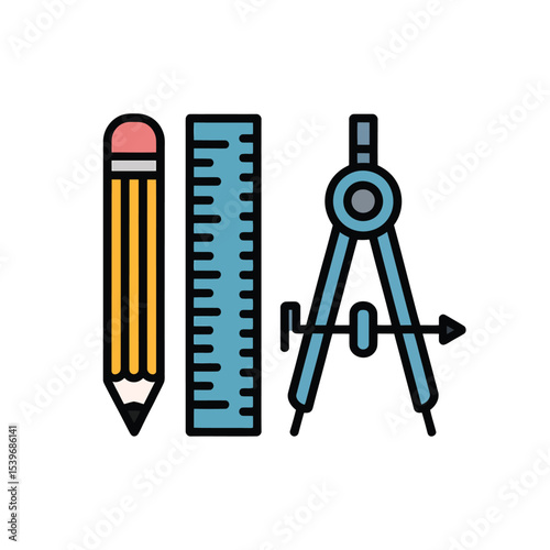 Simple flat design illustration of drafting tools pencil ruler and compass for creative engineering or architecture projects