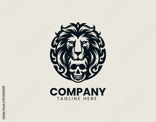 A fierce lion head combined with a detailed skull in a bold symmetrical vector logo design for powerful branding