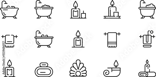 Collection of outline style bathroom and spa icons including bathtubs candles towels and soap items