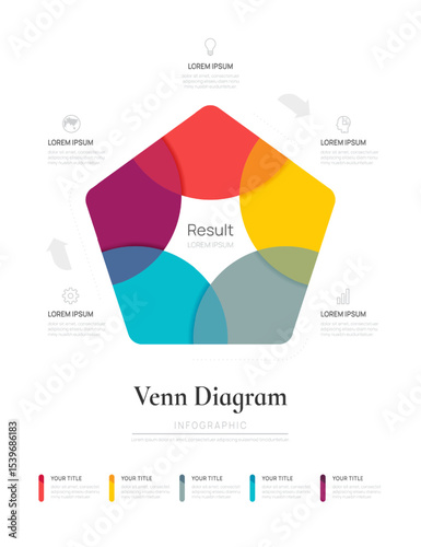 Infographic Venn diagram chart template for business 5 parts, options, presentation with venn diagram elements vector illustration.