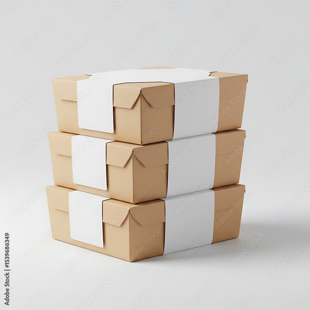 Obraz premium set of 3 boxed meals stacked with blank labels, side view , isolated on white background